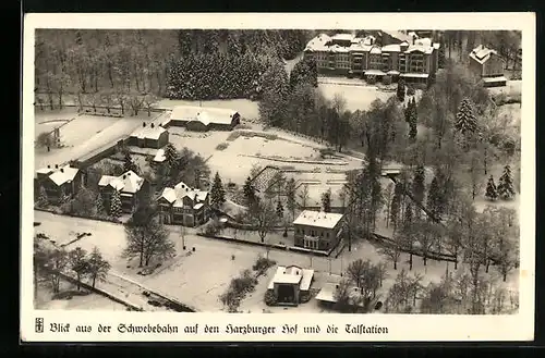 AK Bad Harzburg, Blick aus der Schwebebahn auf den Harzburger Hof und Talstation, Winteridyll