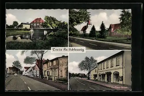 AK Treia / Schleswig, Kaufhaus Hansen, Kirche, Fluss mit Brücke