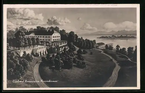 AK Herrenchiemsee, Hotel-Restaurant mit Seeblick