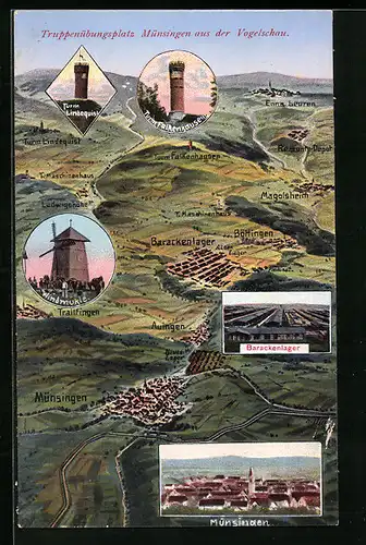 AK Münsingen, Truppenübungsplatz aus der Vogelschau, Landkarte