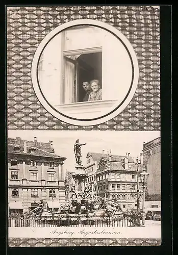 AK Augsburg, Augustusbrunnen, Hausbewohner schauen aus einem Fenster hinaus