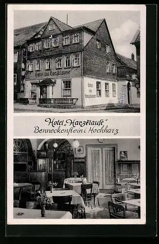 AK Benneckenstein / Hochharz, Hotel Harzklause, Aussen- und Innenansicht