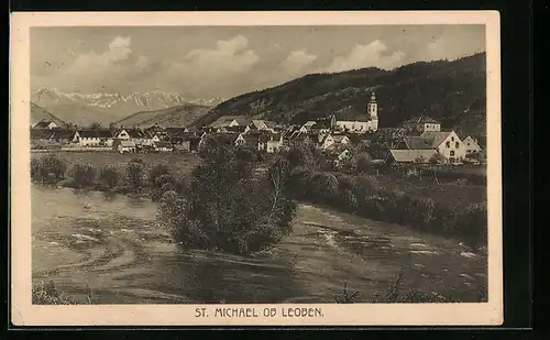 AK St. Michael ob Leoben, Uferpartie mit Kirche