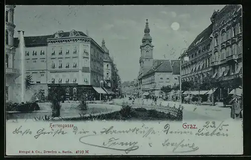 Mondschein-AK Graz, Strasse Herrengasse mit Brunnen