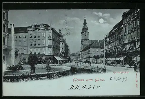 Mondschein-AK Graz, Strasse Herrengasse mit Brunnen