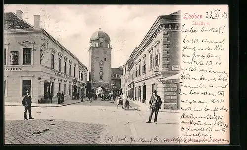 AK Leoben, Stadtturm mit Hotel zum Mohren