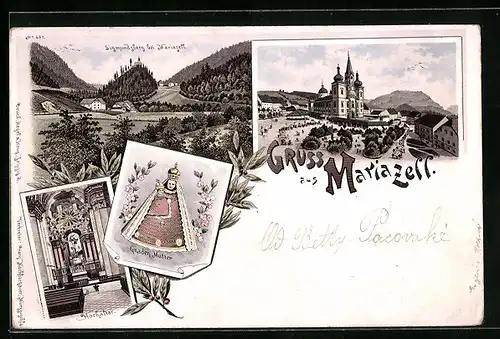 Lithographie Mariazell, Sigmundsberg, Gnaden Mutter, Hochaltar