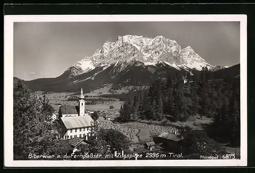 AK Biberwier a. d. Fernpassstrasse, Gesamtansicht mit Kirche und Zugspitze