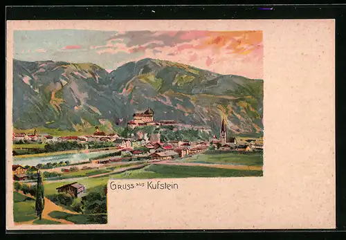 Lithographie Kufstein, Totale mit Gebirgswand