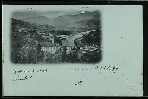 Mondschein-AK Innsbruck, Gesamtansicht mit Schloss Weiherburg