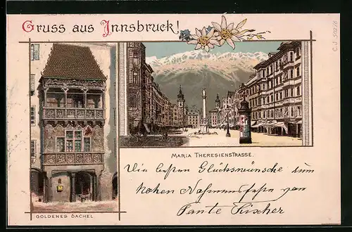 Lithographie Innsbruck, Goldenes Dachl, Maria-Theresien-Strasse