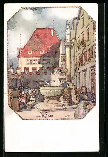 Künstler-AK Hall, Rathaus mit Brunnen