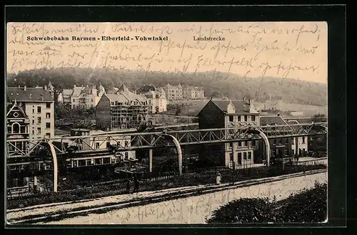 AK Barmen-Elberfeld, Stadtansicht mit Landstrecke der Schwebebahn