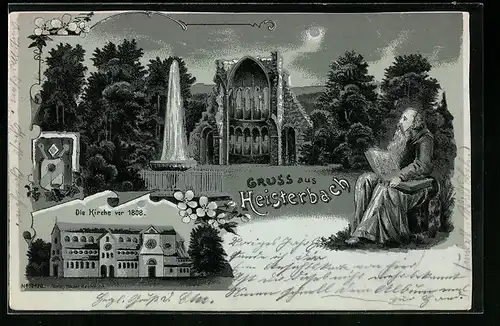 Mondschein-Lithographie Heisterbach, Kirche, Brunnen und Ruine, alter Mann
