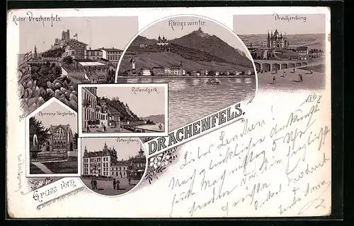 Lithographie Königswinter / Rhein, Gesamtansicht, Ruine Drachenfels, Drachenburg, Petersberg