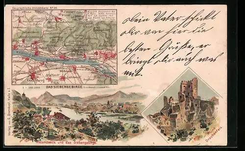 Lithographie Königswinter / Rhein, Landkarte mit Rheinverlauf, Rolandseck mit Siebengebirge, Ruine Drachenfels