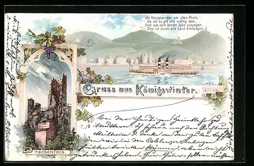 Lithographie Königswinter / Rhein, Ruine Drachenfels, Stadtansicht mit Rheindampfer