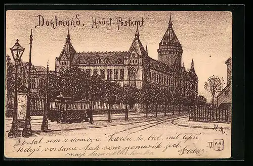 Künstler-AK Dortmund, Haupt-Postamt, Strassenbahn und Litfasssäule