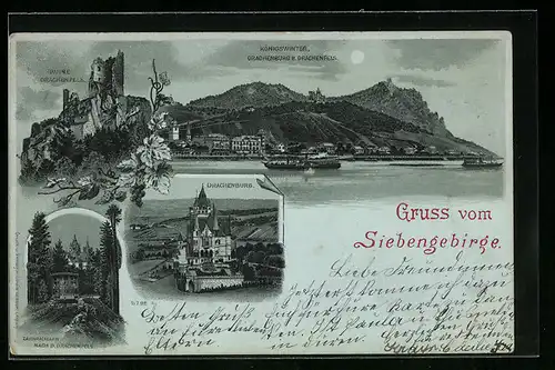 Mondschein-Lithographie Königswinter /Siebengebirge, Drachenburg und Drachenfels, Ruine Drachenfels, Zahnradbahn