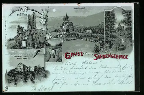 Lithographie Königswinter /Siebengebirge, Restaurant auf dem Drachenfels, Drachenburg, Ruine Drachenfels