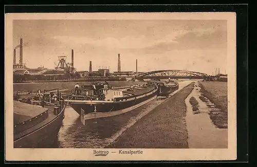 AK Bottrop, Kanalpartie an der Kohle-Zeche Prosper mit Booten