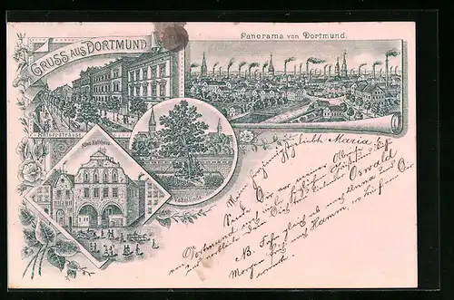 Vorläufer-Lithographie Dortmund, 1892, Altes Rathaus, Vehmlinde, Kaiserstrasse