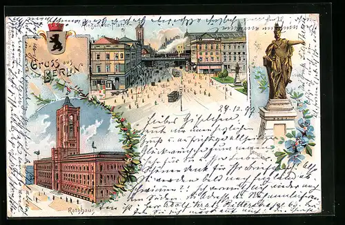 Lithographie Berlin-Schöneberg, Alexander-Platz mit Strassenbahn, Rathaus, Berolina