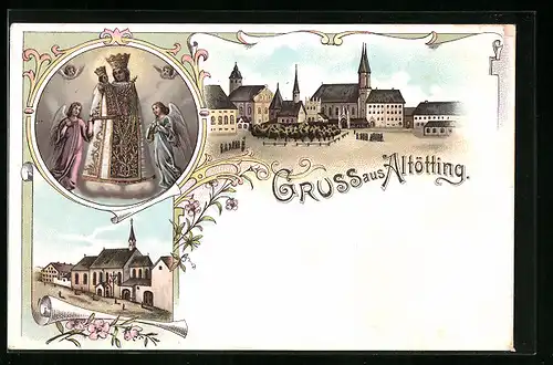 Lithographie Altötting, Ortspartie mit Kirchen, Strassenpartie, Gnadenbild
