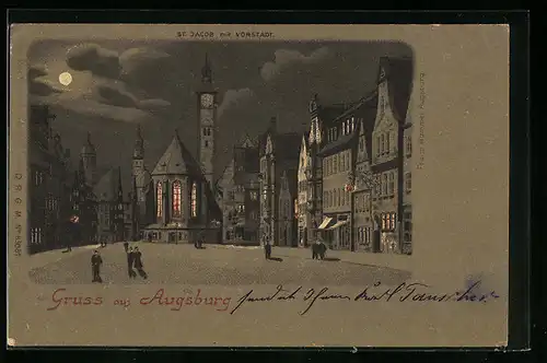 Lithographie Augsburg, Kirche St. Jacob mit Vorstadt bei Mondschein