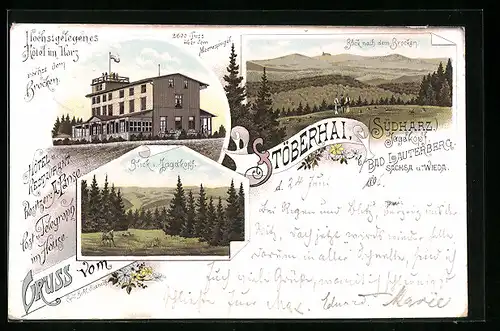 Lithographie Bad Lauterberg /Südharz, Hotel Stöberhai, Blick nach dem Brocken, Blick vom Jagdkopf