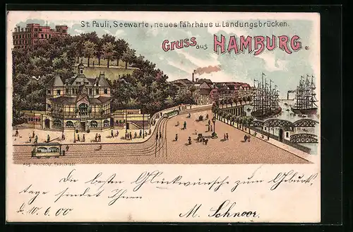 Lithographie Hamburg-St. Pauli, Gasthaus Fährhaus, Landungsbrücken und Seewarte