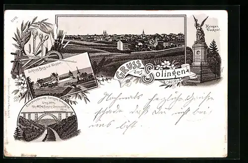 Lithographie Solingen, Schloss Burg a. d. Wupper, Eisenbahnbrücke Solingen-Remscheid, Krieger-Denkmal