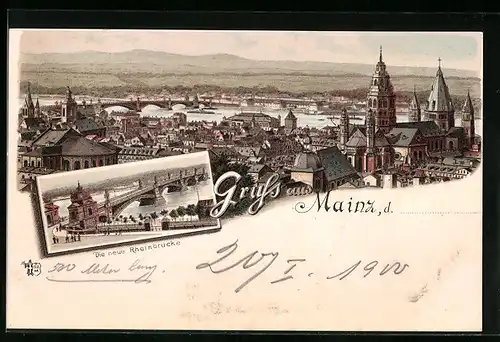 Lithographie Mainz, Teilansicht, Die neue Rheinbrücke