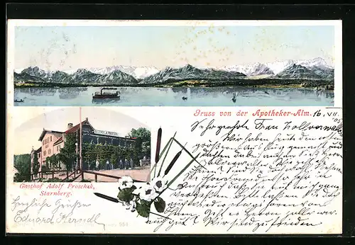 AK Starnberg, Gasthof Adolf Proschek auf der Apotheker-Alm, Bergpanorama