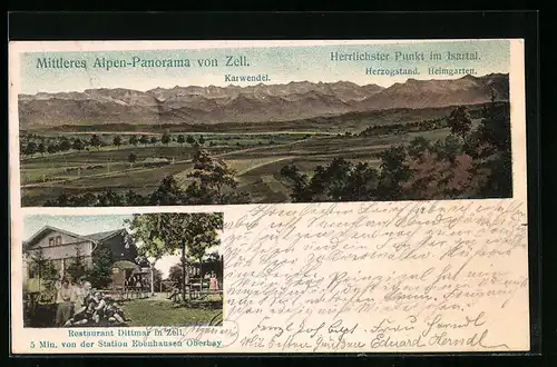 AK Zell im Isartal, Restaurant Dittmar, Mittleres Alpen-Panorama mit Karwendel, Herzogstand und Heimgarten