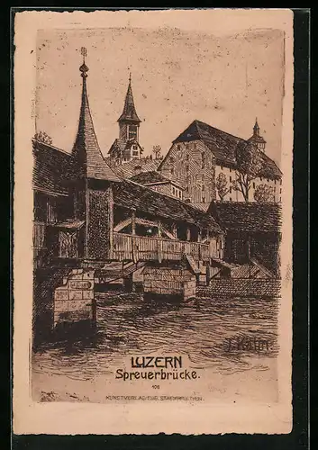 Künstler-AK Luzern, Blick auf Spreuerbrücke