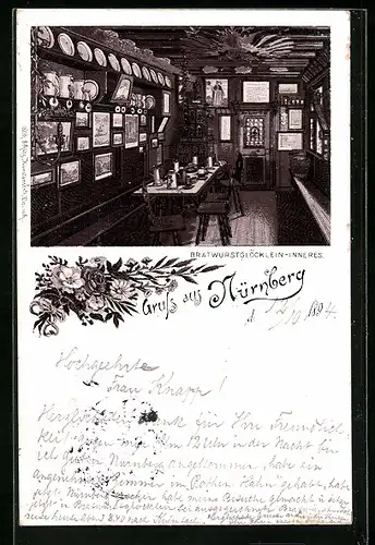 Vorläufer-Lithographie Nürnberg, 1894, Gassthaus Bratwurstglöcklein, Innenansicht