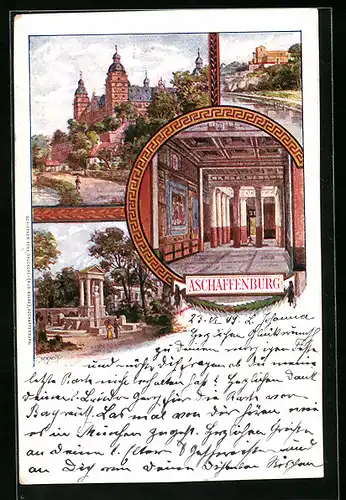 Künstler-AK Aschaffenburg, Schloss, Inneres Säulenhalle, Brunnen