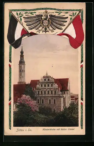 AK Zittau i. Sa., Klosterkirche mit historischem Giebel, Adler mit Wappen und Fahnen