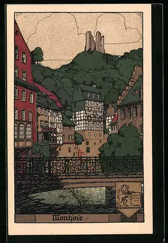 Steindruck-AK Montjoie, Ruine und Brücke