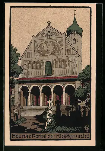 Steindruck-AK Beuron, Portal der Klosterkirche