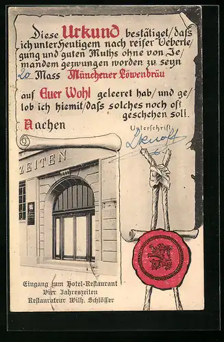 AK Aachen, Hotel-Restaurant Vier Jahreszeiten, Urkunde mit Siegel