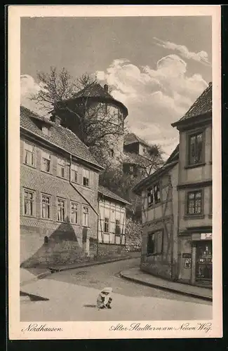 AK Nordhausen a. Harz, Strasseneck Neuer Weg mit altem Stadtturm