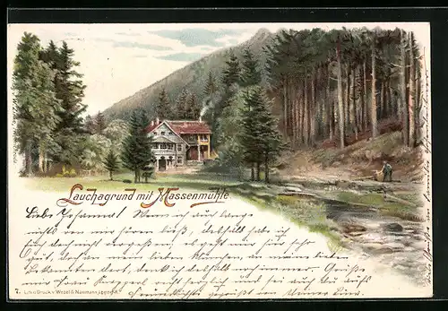 Lithographie Lauchagrund, Waldpartie mit Massenmühle