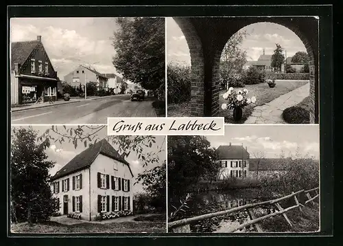 AK Labbeck, Strassenpartie mit Geschäft, Uferpartie, Ortspartie