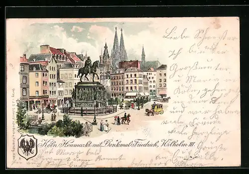 Lithographie Köln, Heumarkt mit Denkmal Friedrich Wilhelm III.
