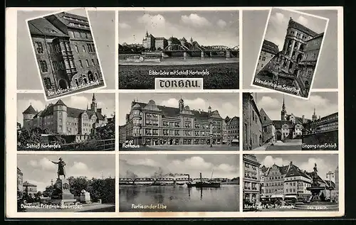AK Torgau, Marktplatz mit Brunnen, Rathaus, Partie an der Elbe