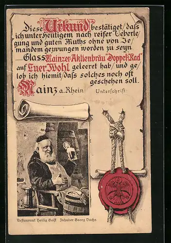 AK Mainz a. Rhein, Restaurant Heilig Geist von Georg Dachs, Urkunde mit Siegel