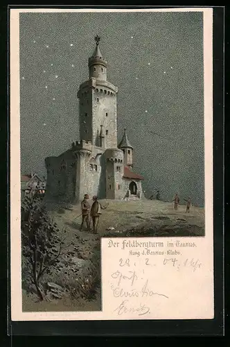 Lithographie Feldberg im Taunus, Feldbergturm bei Nacht