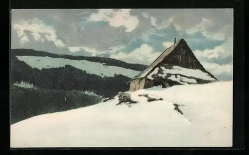 Künstler-AK Friedrich Iwan: Einsame Baude im schneebedeckten Riesengebirge